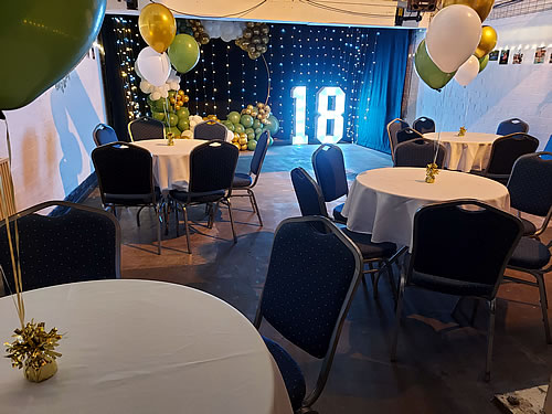 Function room decorated for a 18th birthday party