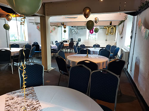 Event room hired for a 70th birthday party with balloon decorations