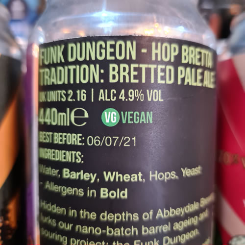 A can of vegan craft beer with VG displayed on the label