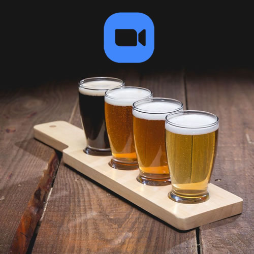 Glasses of beer ready for a virtual tasting with a Zoom logo at the top